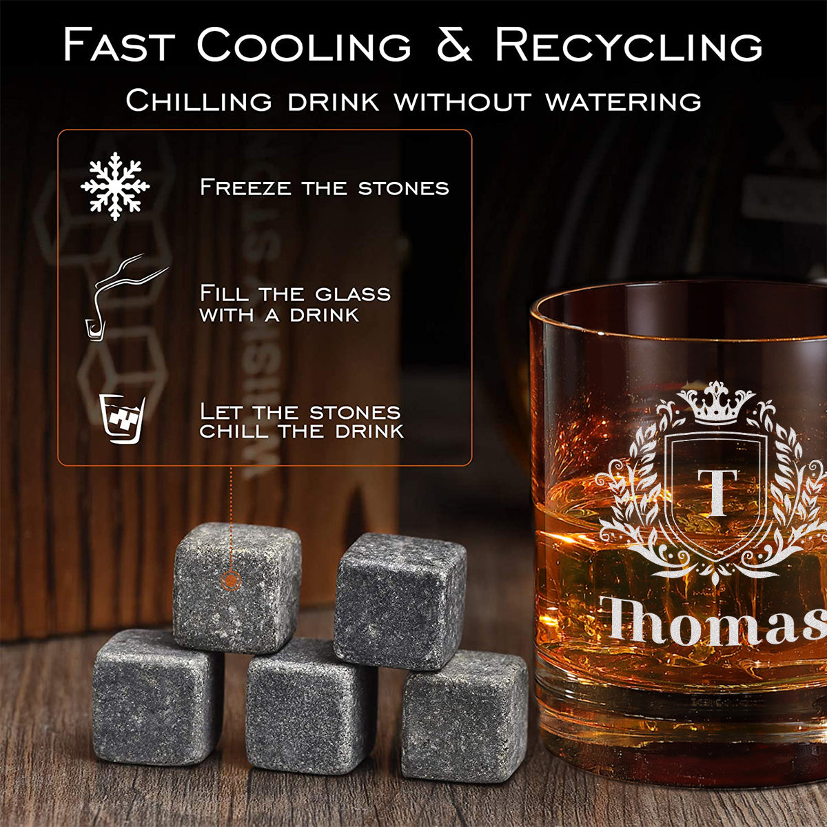 Whisky Geschenkset 5-teilig mit Kühlsteine & Tumbler 320 ml - mit Gravur