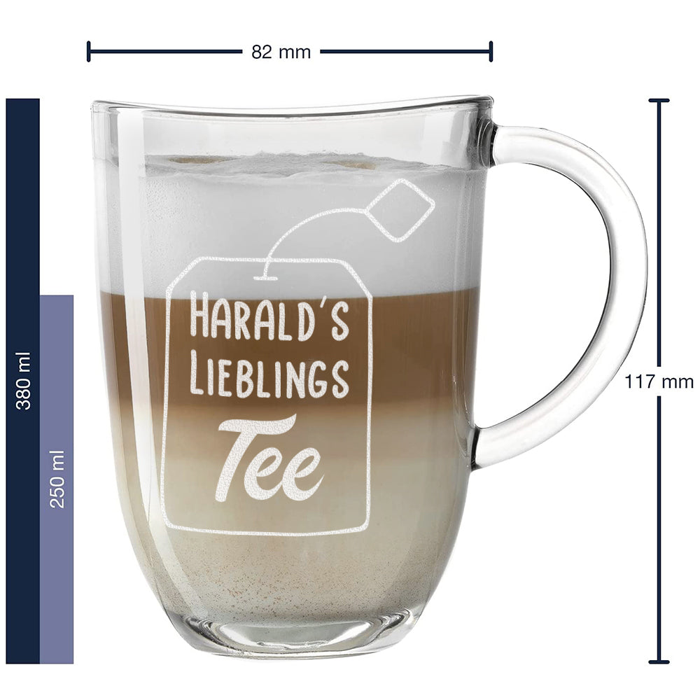 Maßbild des Teeglases mit 117 mm Höhe, 82 mm Durchmesser und 380 ml Randvollvolumen