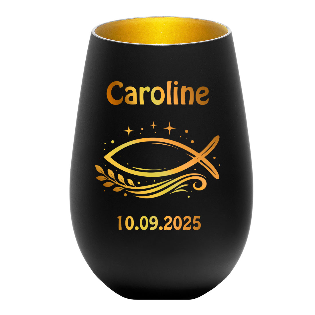 Personalisiertes Teelicht Schwarz-Gold mit Gravur - Name & Datum selbst gestalten
