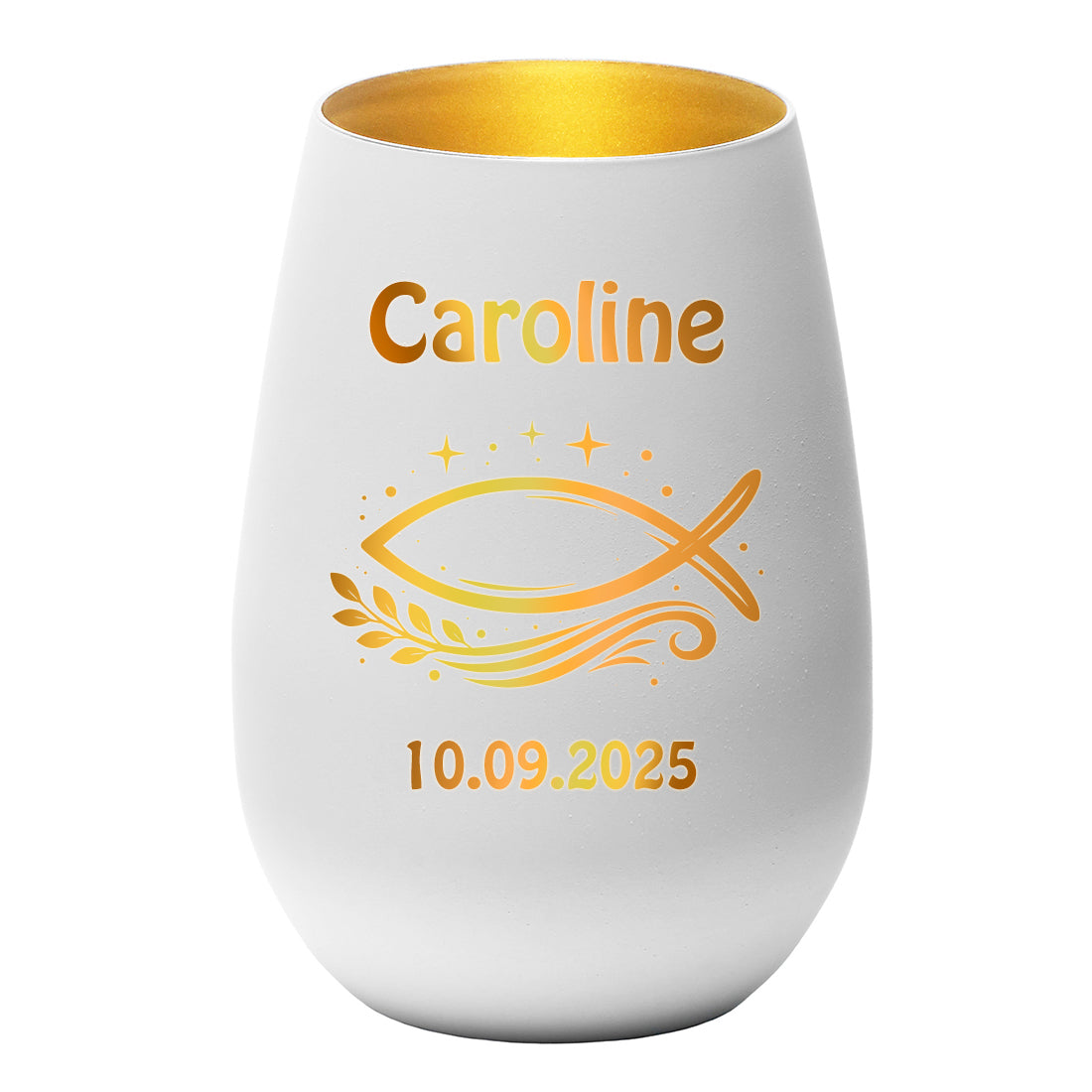 Personalisiertes Windlicht Weiß & Gold mit Name, Datum