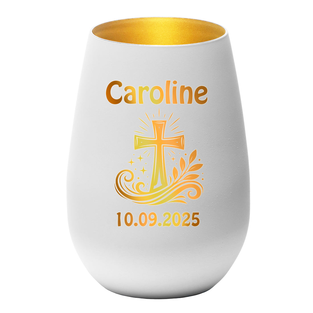 Personalisiertes Windlicht Weiß & Gold mit Name, Datum