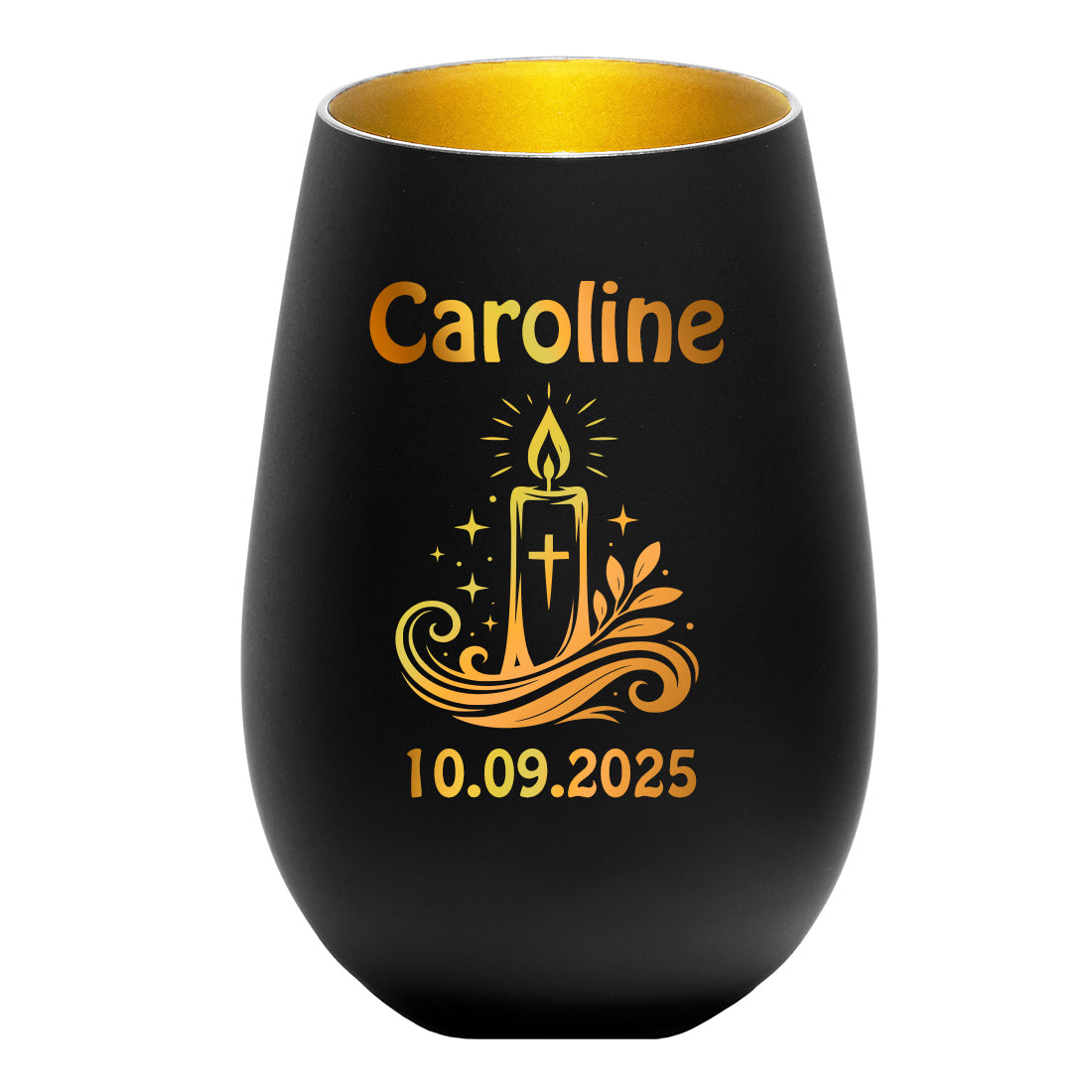 Personalisiertes Teelicht Schwarz-Gold mit Gravur - Name & Datum selbst gestalten