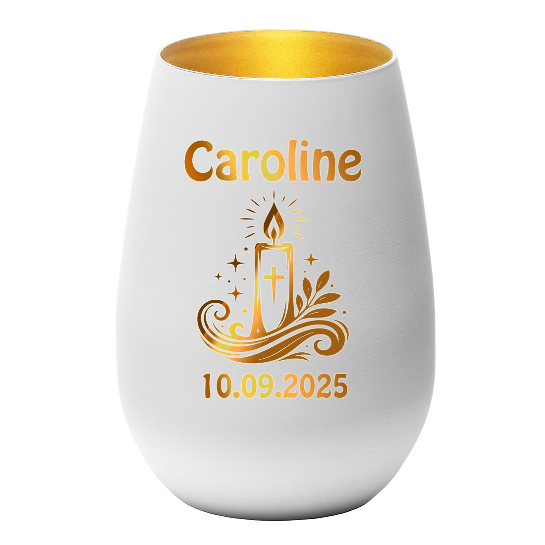 Personalisiertes Windlicht Weiß & Gold mit Name, Datum