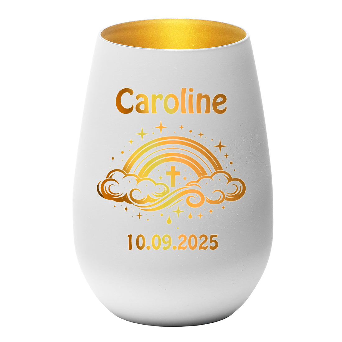 Personalisiertes Windlicht Weiß & Gold mit Name, Datum
