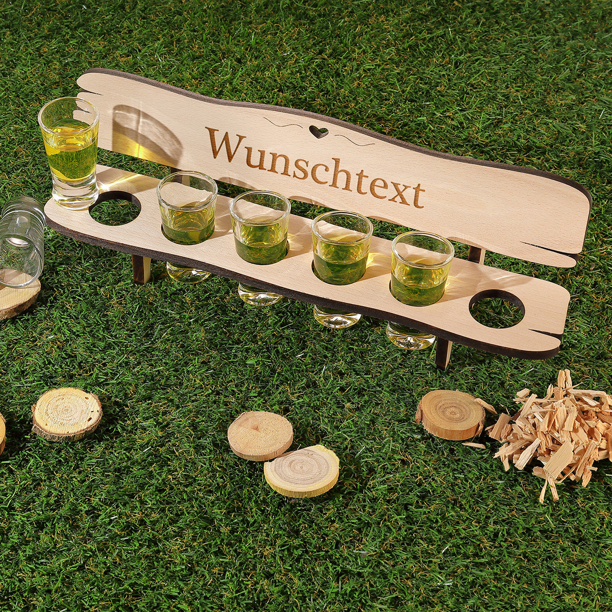 Schnapsbank aus Holz mit 6 Schnapsgläser