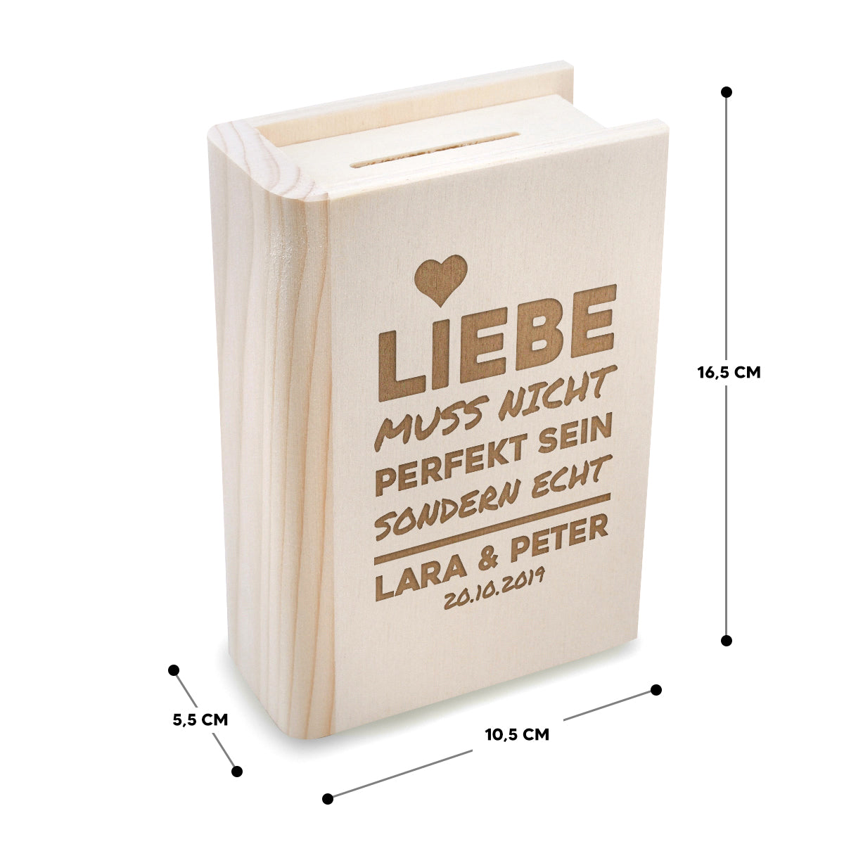 Personalisierte Spardose Buchform "Liebe muss nicht perfekt sein" mit Gravur