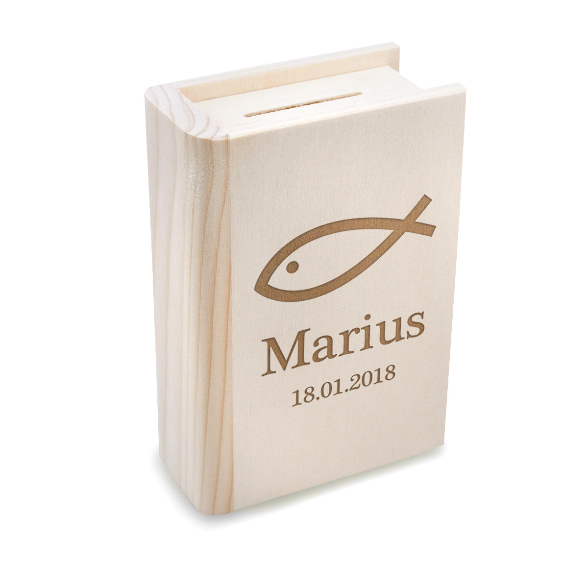Personalisierte Buch-Spardose aus Holz - Fisch-Motiv & Gravur zur Taufe & Konfirmation