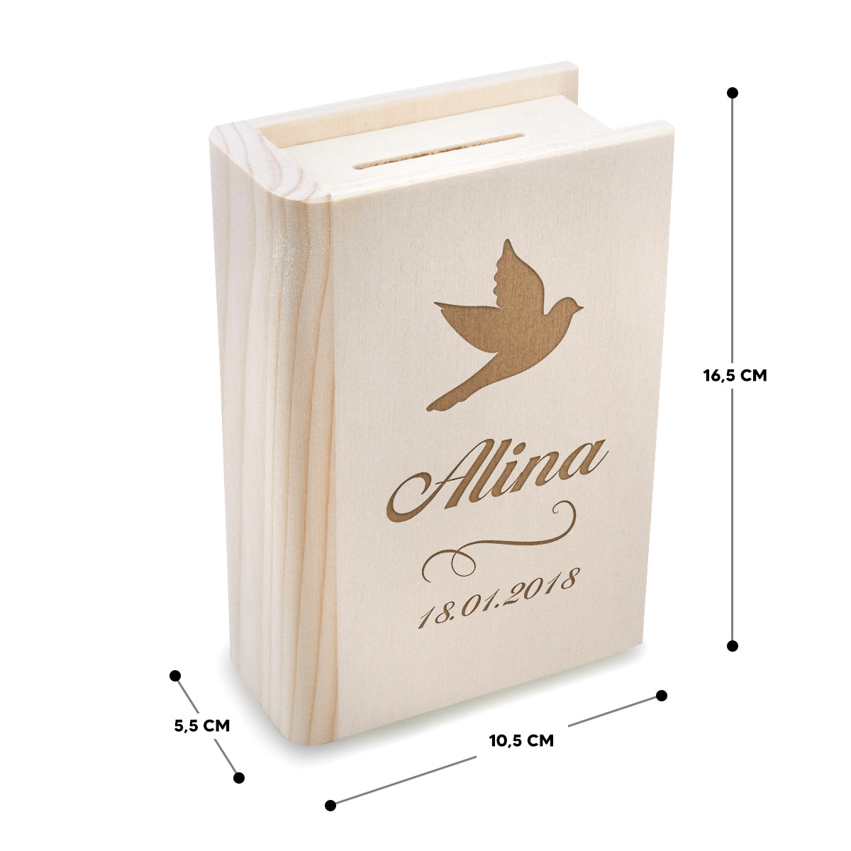 Sparbuch aus Holz mit Gravur - Motiv Taube