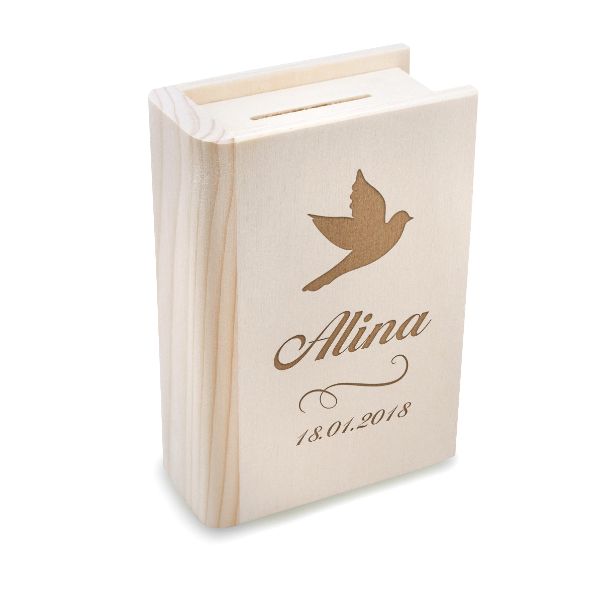 Sparbuch aus Holz mit Gravur - Motiv Taube