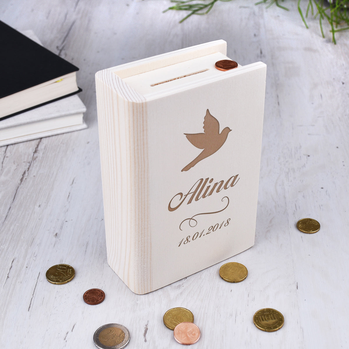 Sparbuch aus Holz mit Gravur - Motiv Taube