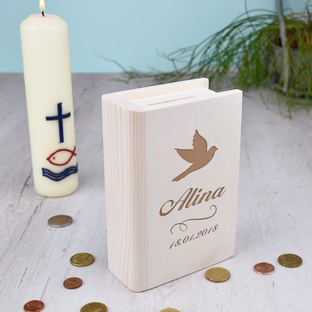 Sparbuch aus Holz mit Gravur - Motiv Taube