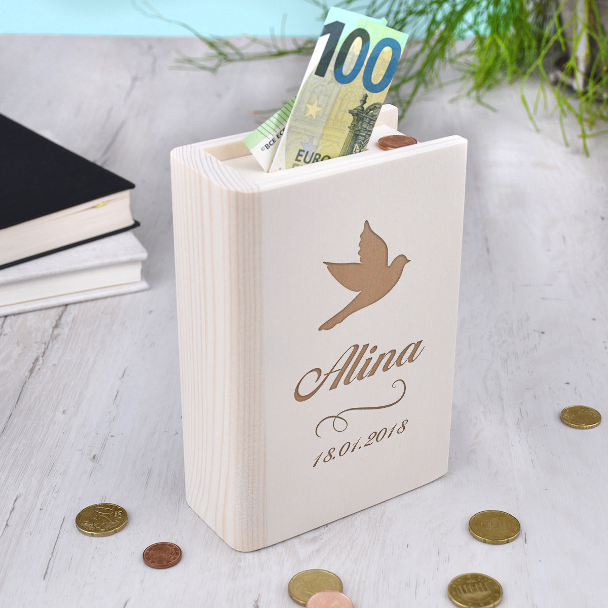 Sparbuch aus Holz mit Gravur - Motiv Taube