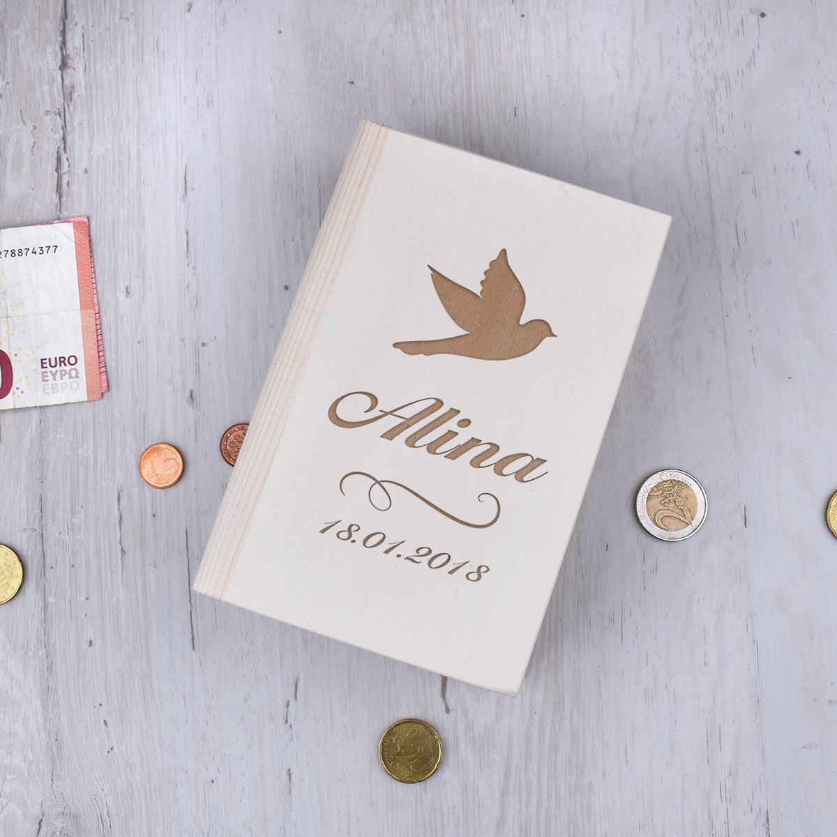 Sparbuch aus Holz mit Gravur - Motiv Taube