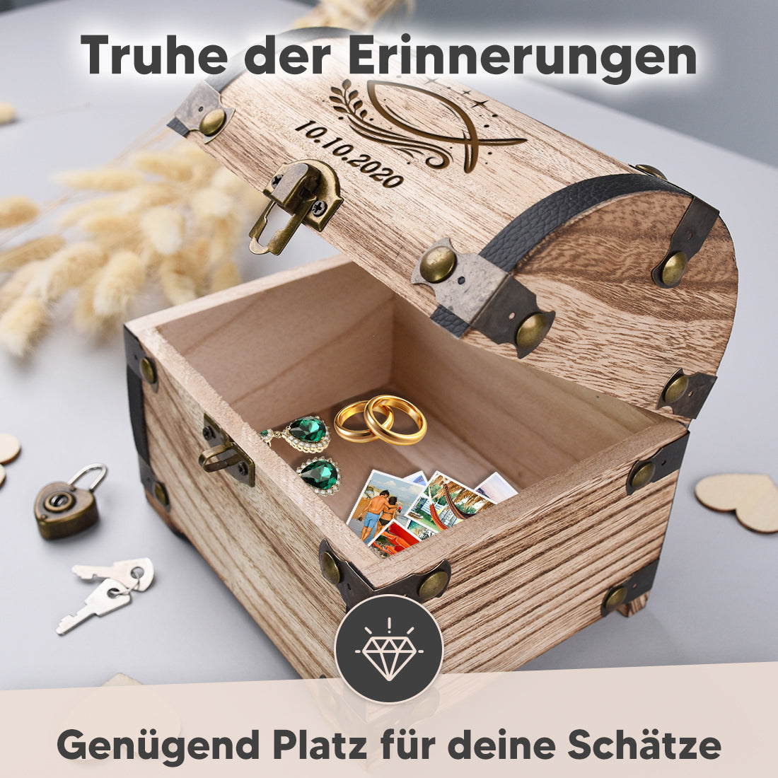 Personalisierte Schatztruhe aus Holz mit Gravur & Schloss - Taufgeschenk