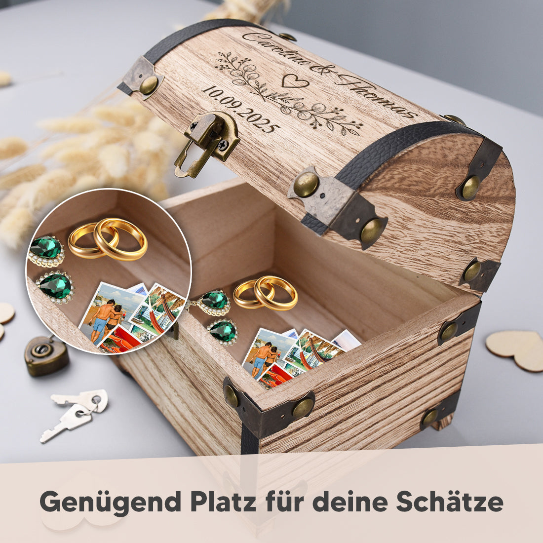 Personalisierte Schatztruhe zur Hochzeit mit Gravur & Herzschloss