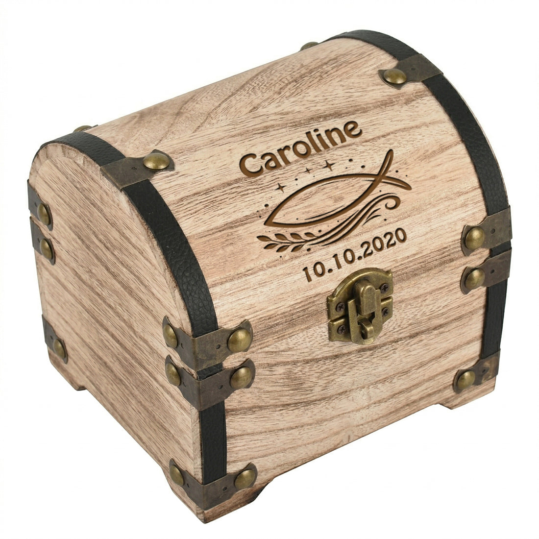 Personalisierte Schatztruhe aus Holz mit Gravur & Schloss - Taufgeschenk
