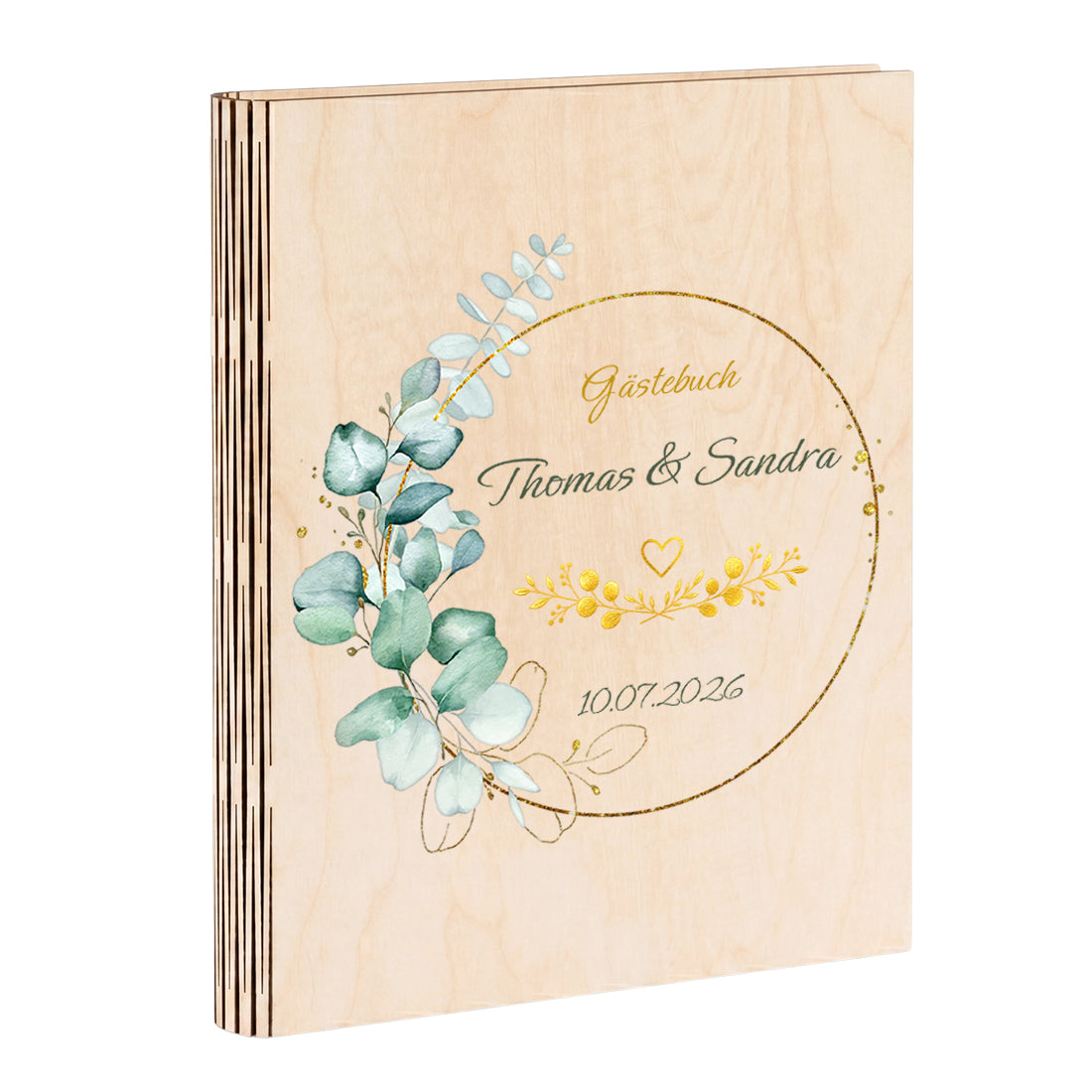 Personalisiertes Hochzeitsgästebuch aus Holz DIN A4 mit Namen & Goldmotiv