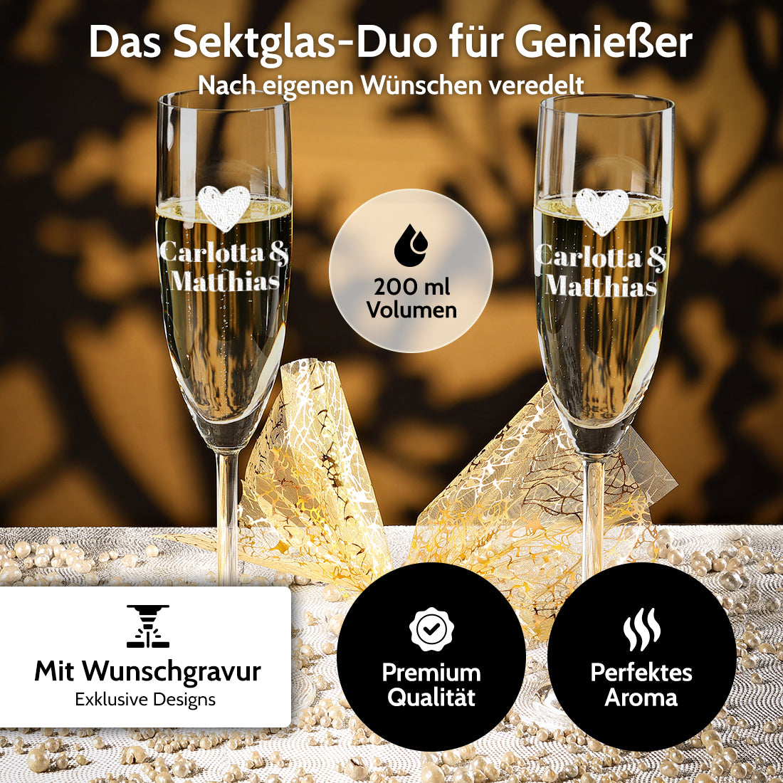 Hochzeitsgeschenk 3er-Set Sektgläser + Holzkiste mit UV-Druck