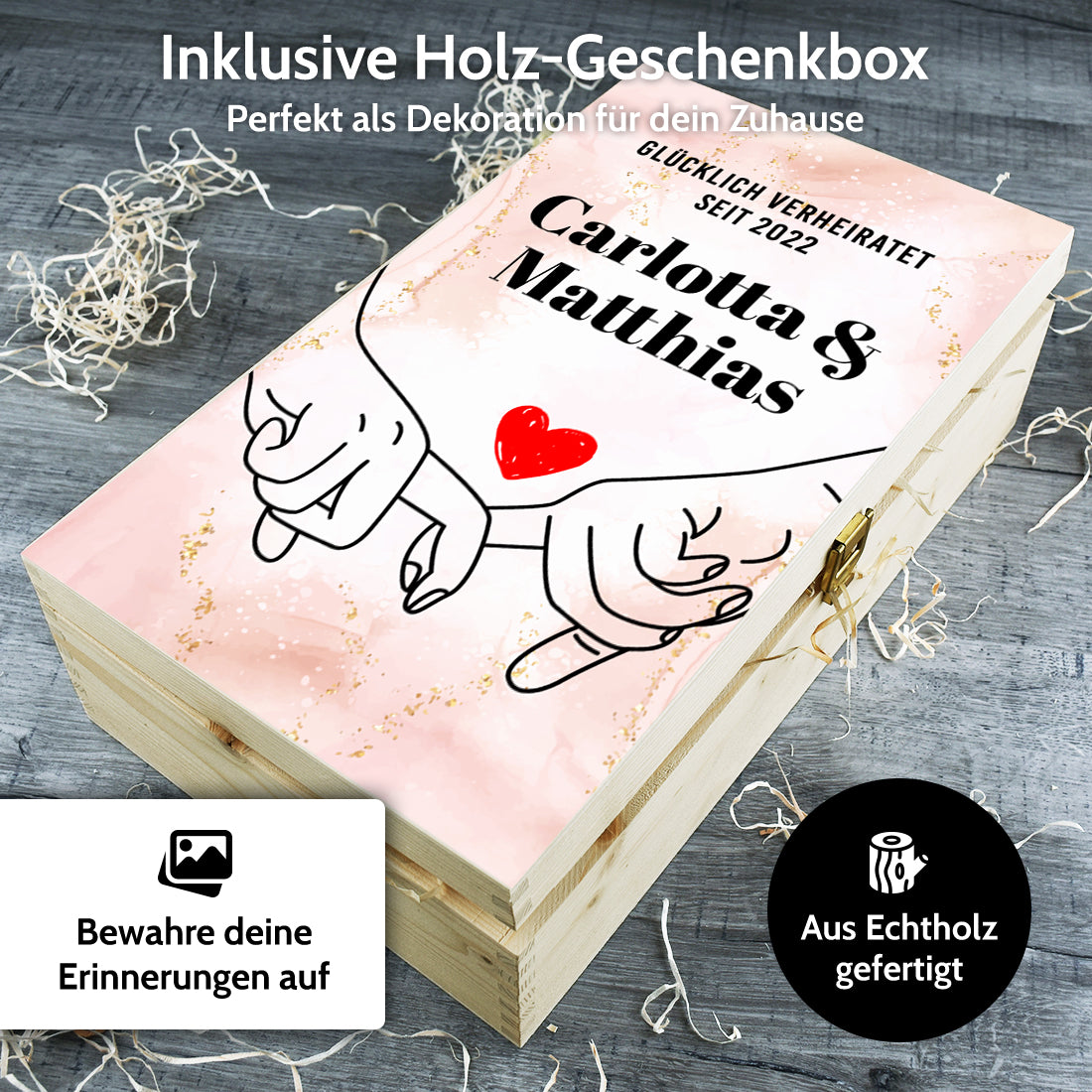 Hochzeitsgeschenk 3er-Set Sektgläser + Holzkiste mit UV-Druck