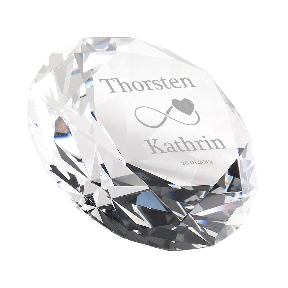 Glasdiamant "Unendlichkeit & Herz" mit Gravur – Geschenk zur Hochzeit & Jahrestag
