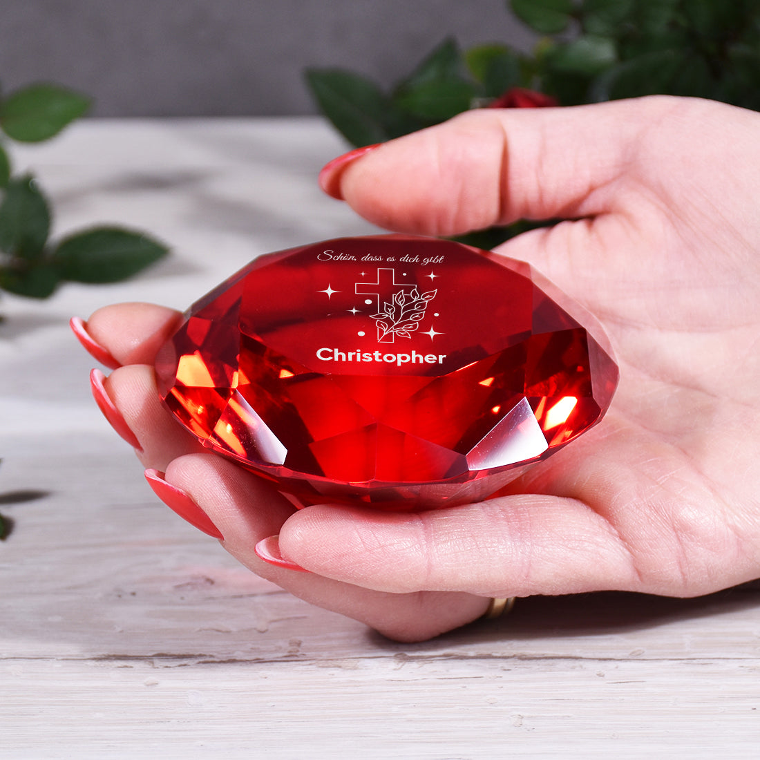 Glasdiamant "Kreuz & Blätter" mit Gravur – Geschenk zur Kommunion & Konfirmation