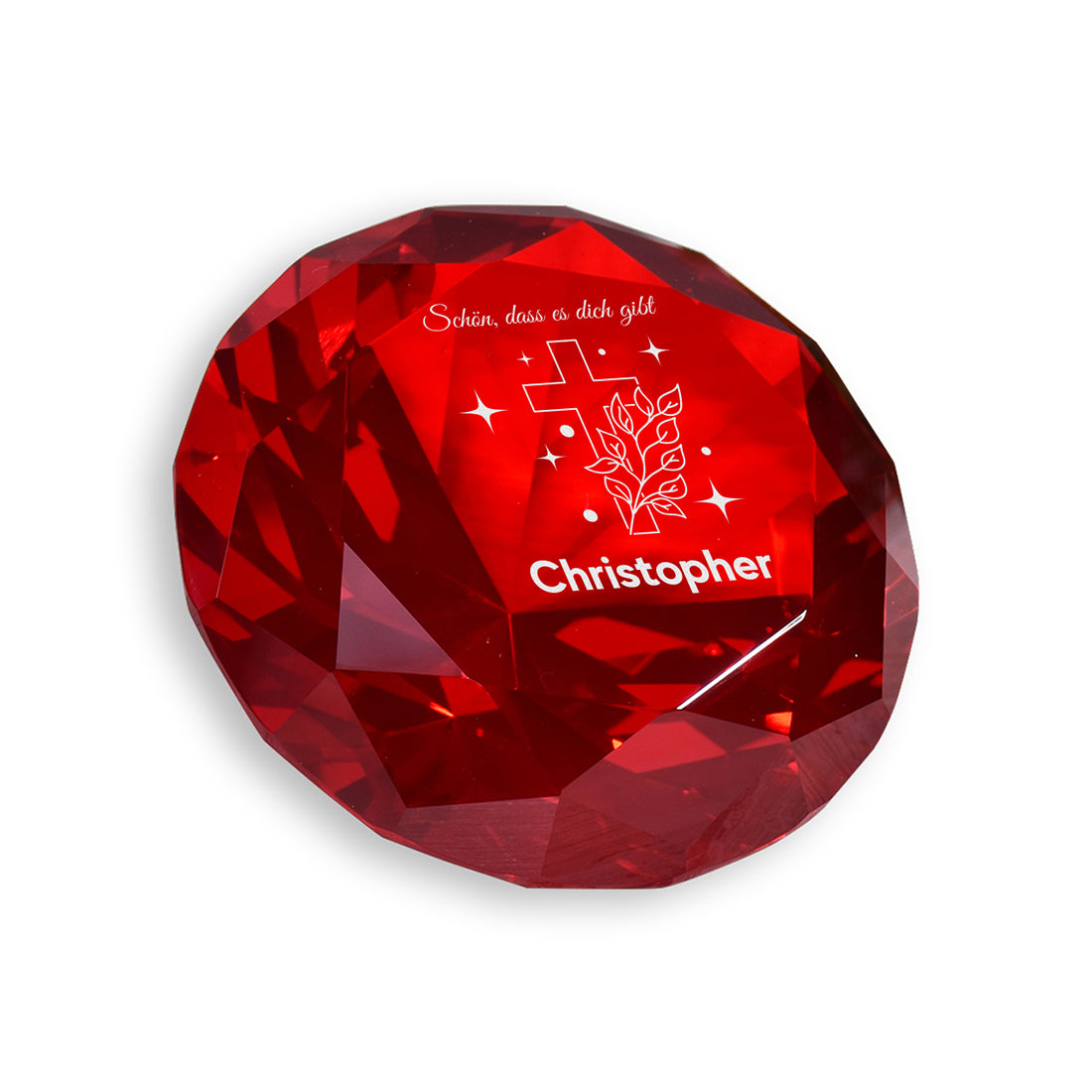 Glasdiamant "Kreuz & Blätter" mit Gravur – Geschenk zur Kommunion & Konfirmation