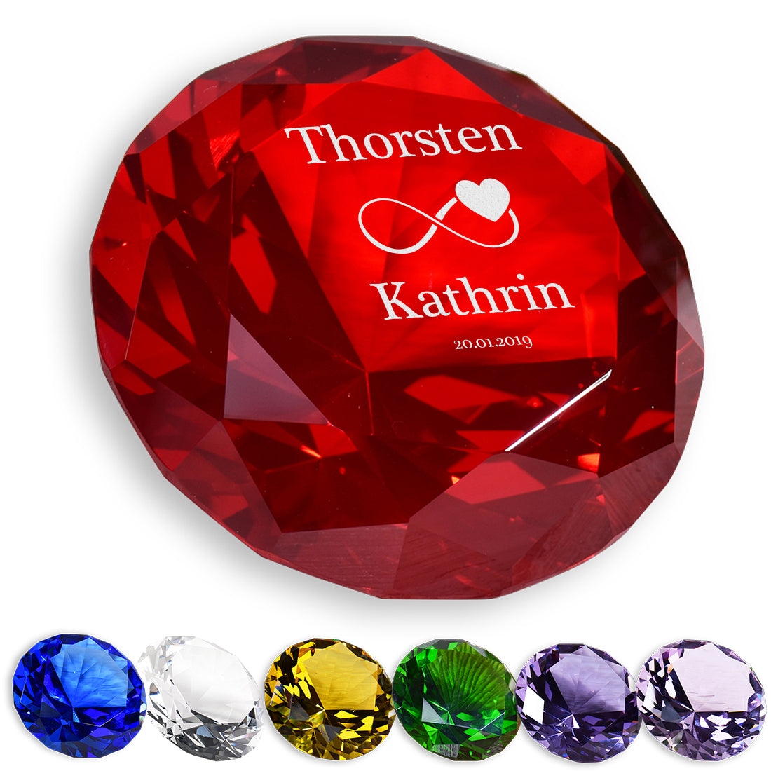 Glasdiamant "Unendlichkeit & Herz" mit Gravur – Geschenk zur Hochzeit & Jahrestag