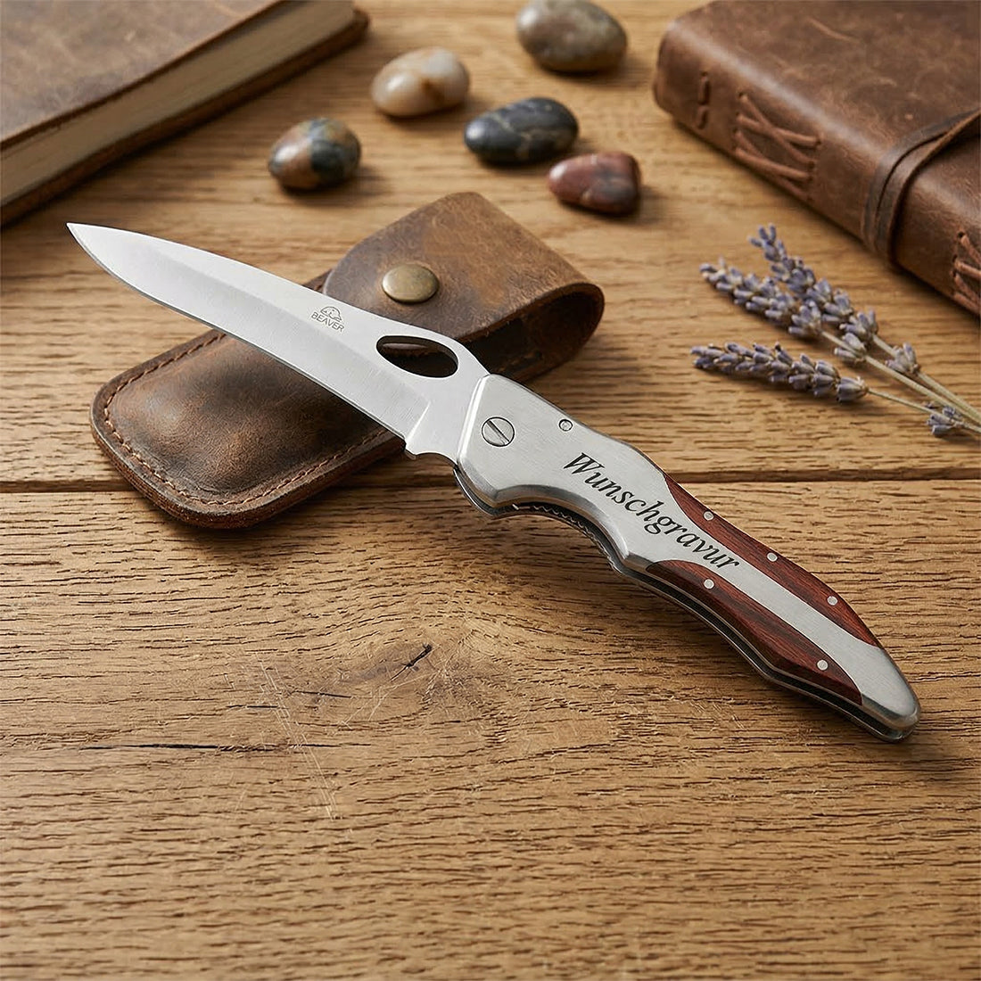 Taschenmesser mit Gravur - Klappmesser aus Edelstahl und Holz mit Geschenketui