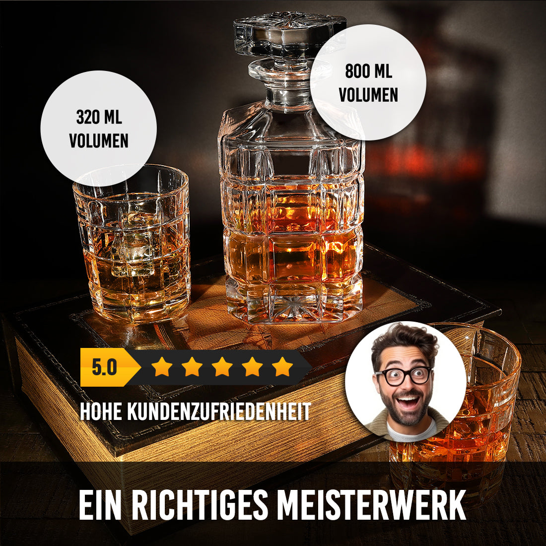Whisky-Set 5-teilig Karaffe 800 ml & 4 Whiskygläser 320 ml - Ideal für Whiskyliebhaber