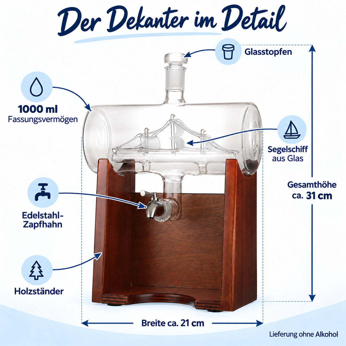 Segelschiff-Dekanter mit hohem Holzständer: 1000 ml Fassungsvermögen, Glasstopfen, Glasschiff und Edelstahl-Zapfhahn – Lieferung ohne Alkohol