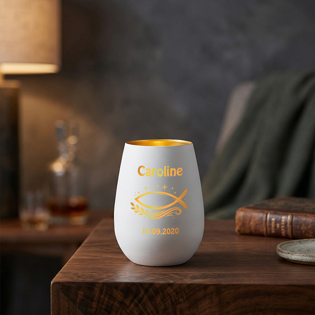 Personalisiertes Windlicht Weiß & Gold mit Name, Datum