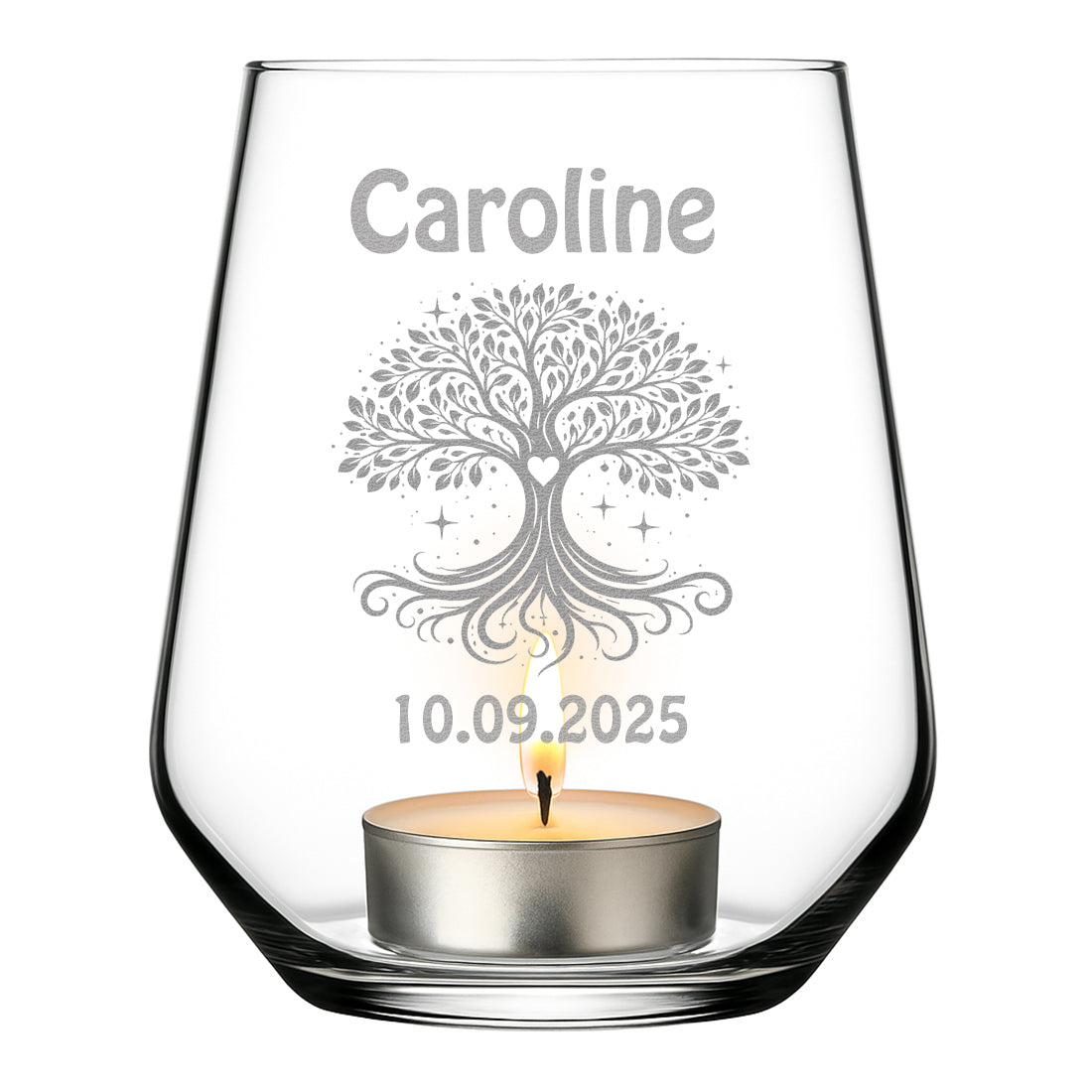 Personalisiertes Teelicht mit Lebensbaum-Gravur zur Konfirmation und Kommunion