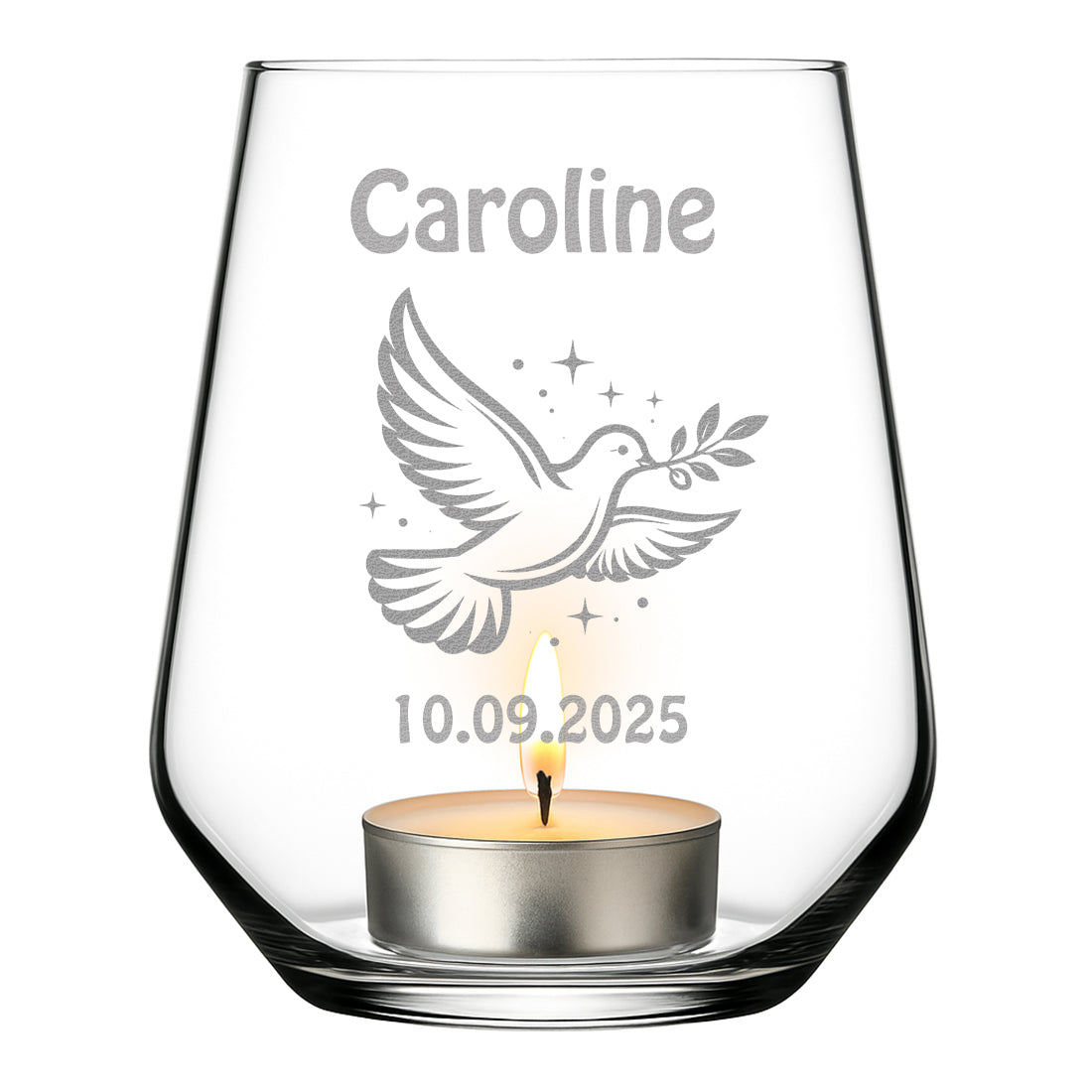 Personalisiertes Teelicht mit Taube-Gravur zur Konfirmation und Kommunion