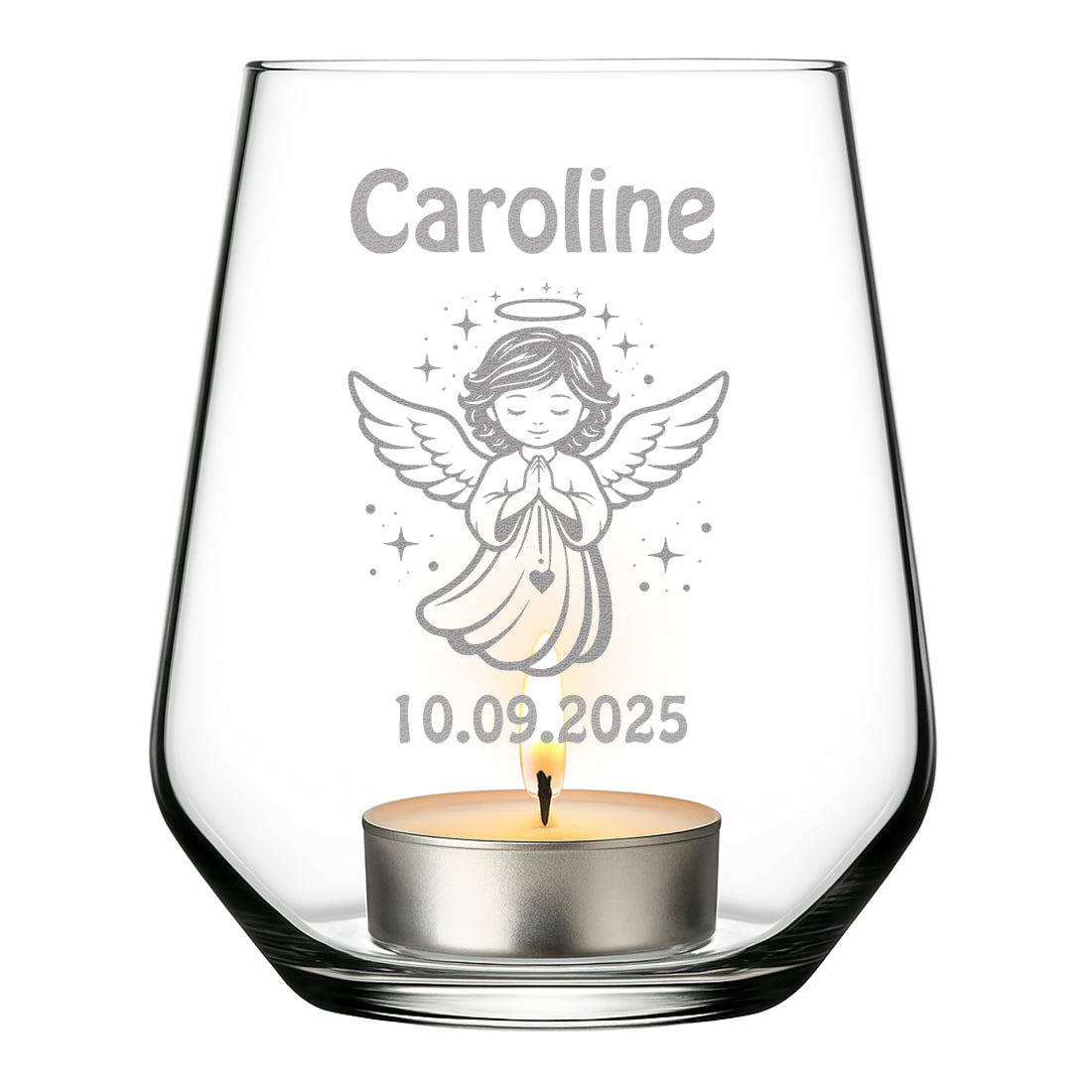Personalisiertes Teelicht mit Engel-Gravur zur Konfirmation und Kommunion