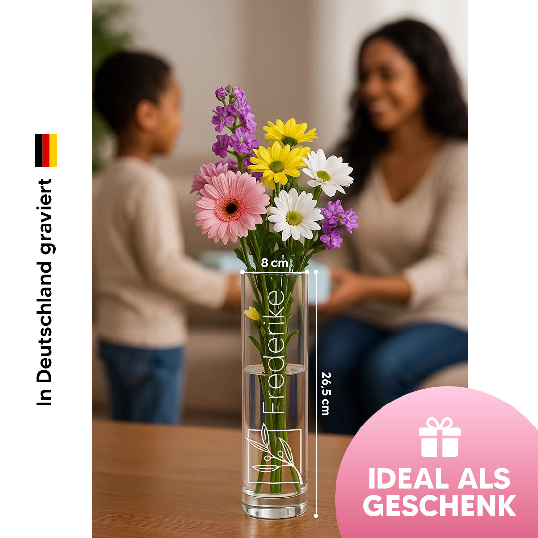 Vase mit Kind und Mama Blumen Quadrat