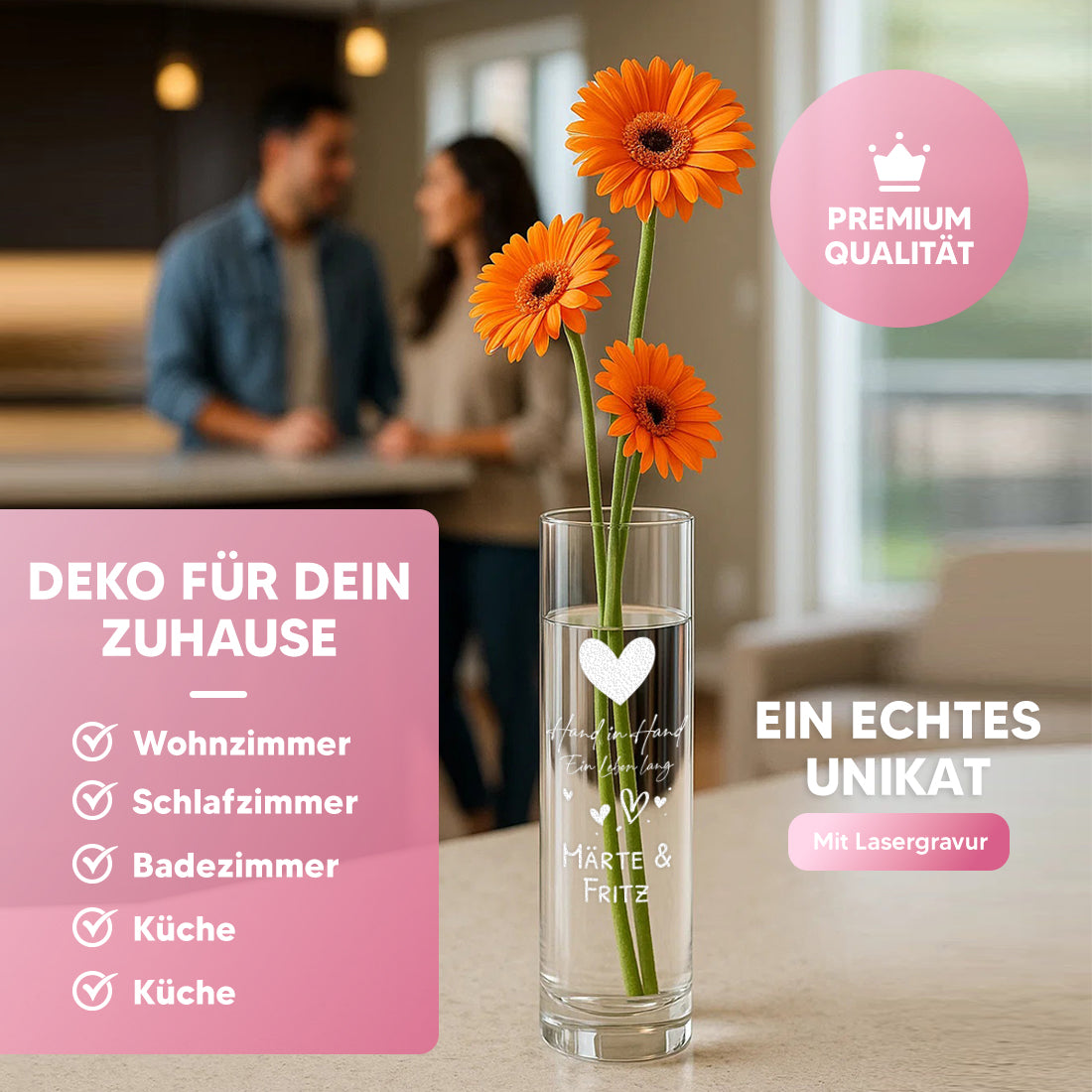 Vase mit Gravur Hand in Hand