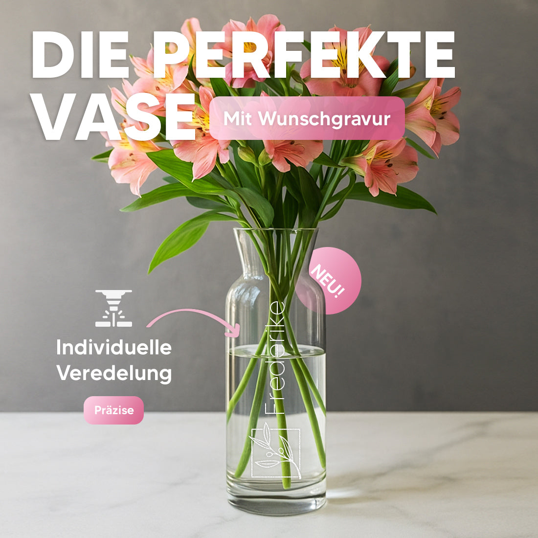 Karaffen-Vase Name nach Wunsch Blumen Quadrat