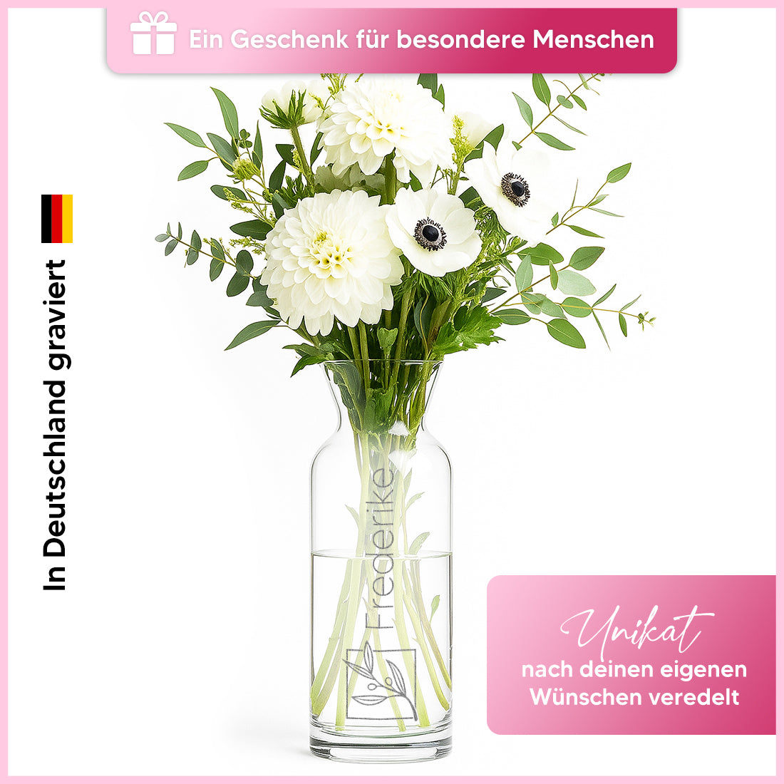 Karaffen-Vase Unikat Blumen Quadrat