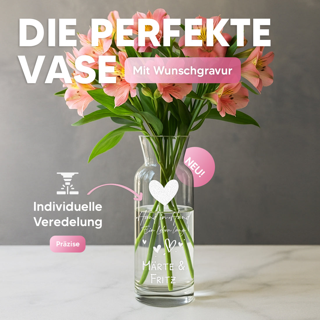 Karaffen-Vase Name nach Wunsch Hand in Hand