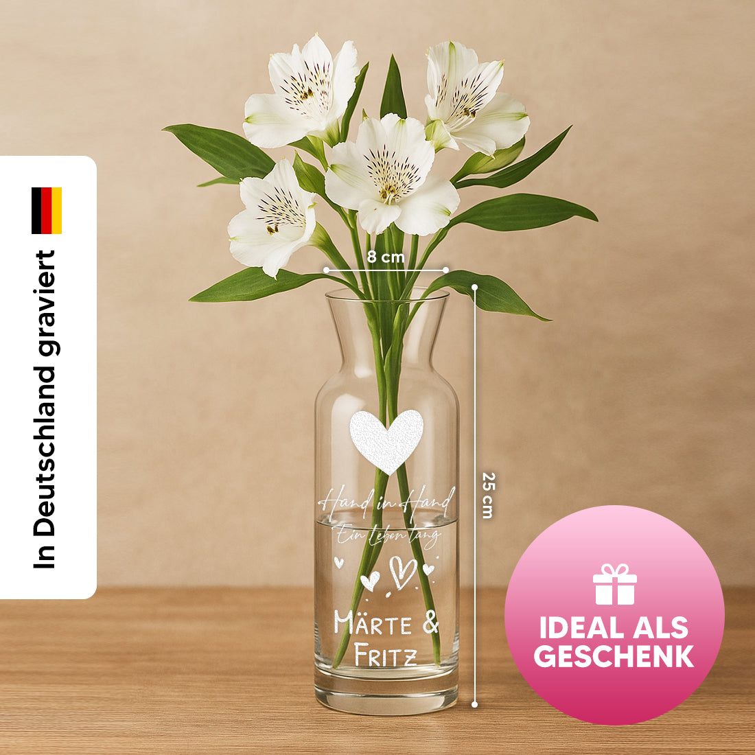 Karaffen-Vase mit Gravur Hand in Hand
