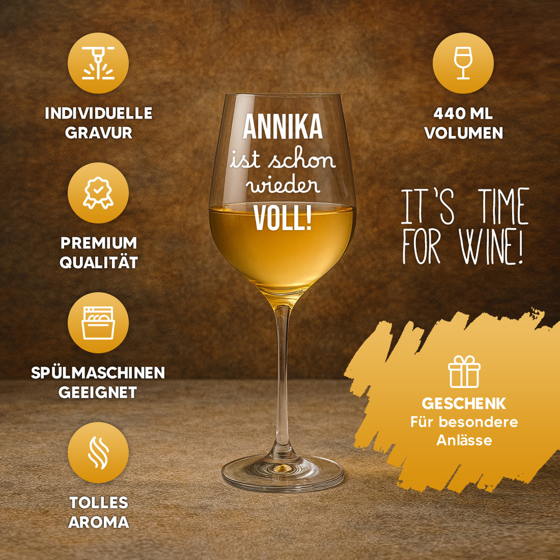 Weinglas modern 440 ml mit Gravur schon wieder voll!