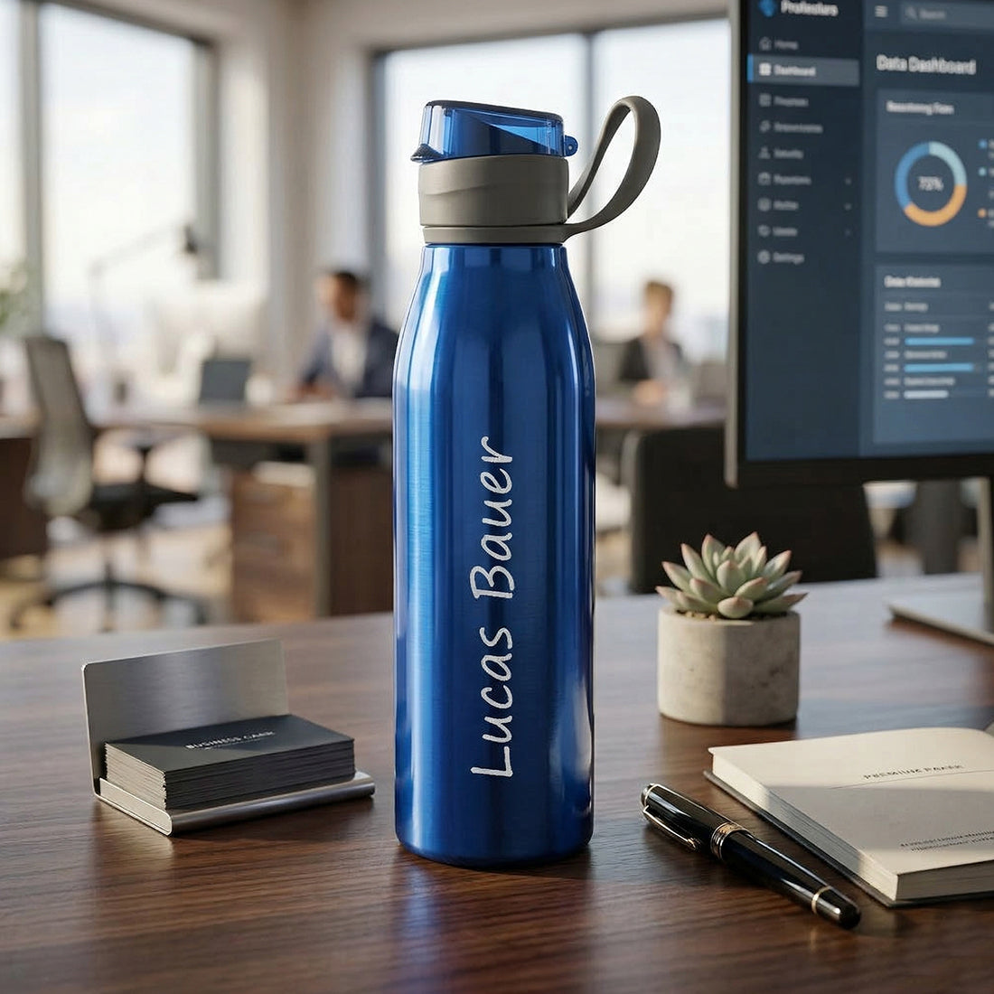 Blaue Aluminium-Trinkflasche 650ml mit personalisierter Gravur - Frontansicht