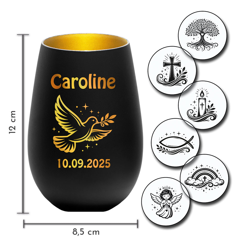 Personalisiertes Teelicht Schwarz-Gold mit Gravur - Name & Datum selbst gestalten