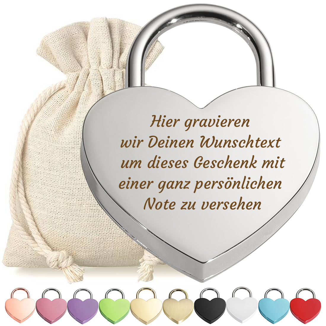 Vorhängeschloss Herz personalisiert - Liebesschloss mit Wunschtext Gravur