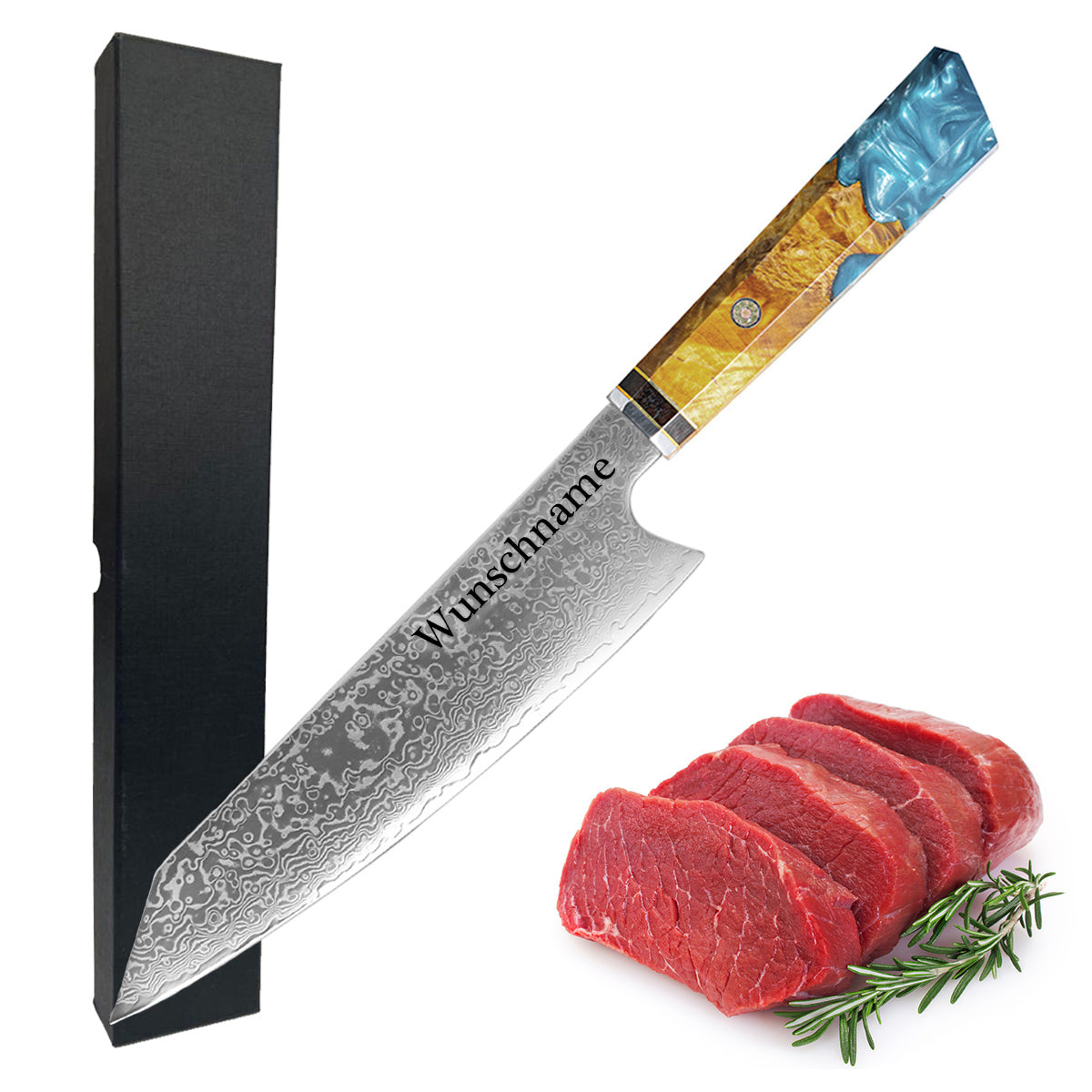 Personalisiertes Damast-Kochmesser - Japanische Schmiedekunst mit Gravur