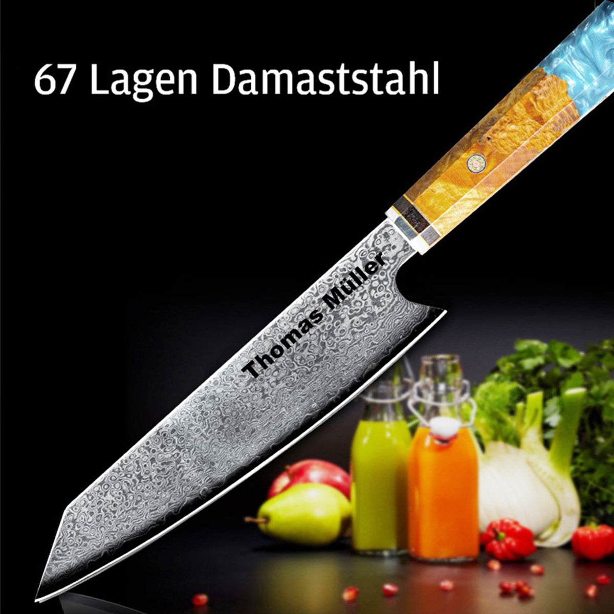 Personalisiertes Damast-Kochmesser - Japanische Schmiedekunst mit Gravur