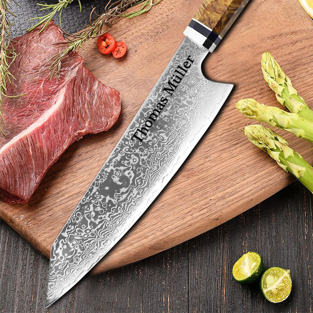 Personalisiertes Damast-Kochmesser - Japanische Schmiedekunst mit Gravur
