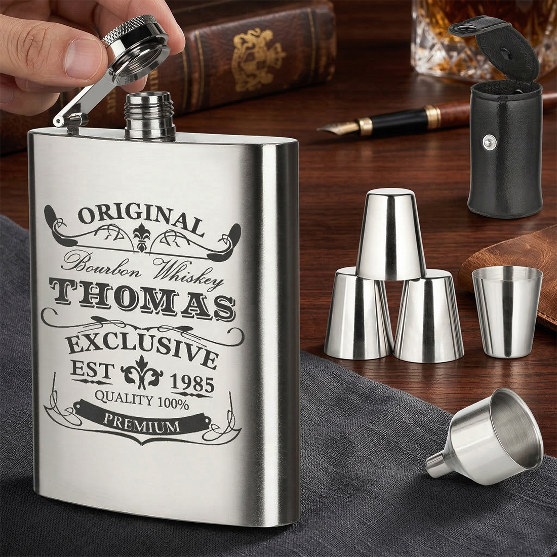 Edelstahl-Flachmann-Set inkl. Gravur & Becher (195ml)