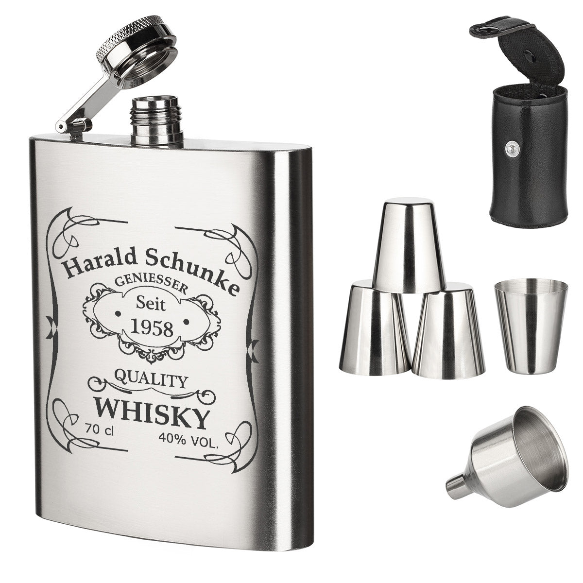 7-teiliges Flachmann-Set aus Edelstahl mit Gravur personalisiert