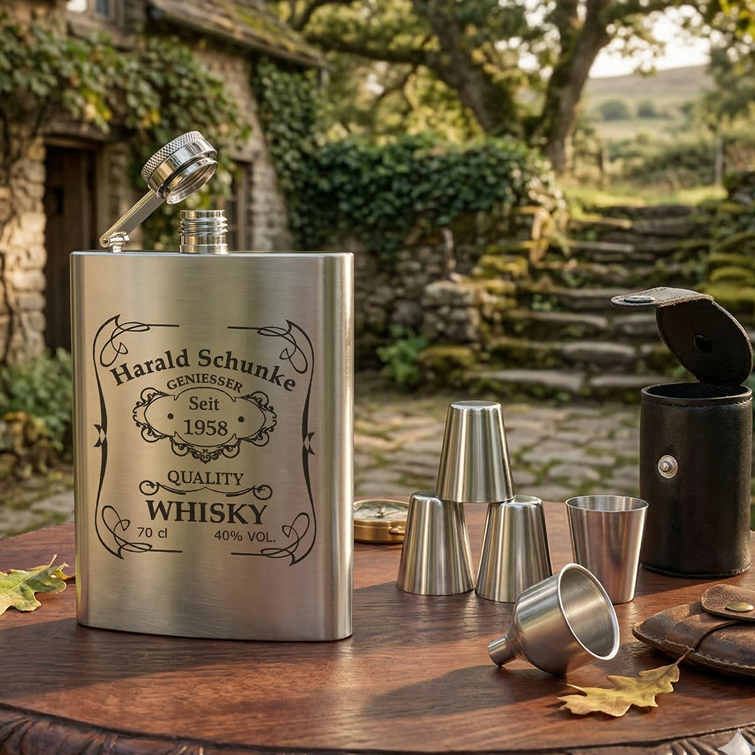 7-teiliges Flachmann-Set aus Edelstahl mit Gravur personalisiert